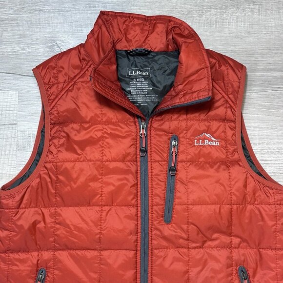LL Bean Vest Men's Small Orange Quilted PrimaLoft Packaway Nylon Puffer Full Zip - Picture 4 of 7